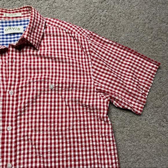 Orvis Short Sleeve Shirt Soft Cotton Check Red Mens Large - Picture 2 of 12